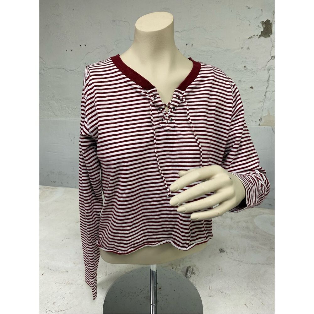 Hollister Red/White Stripe Long Sleeve Shoe Lace Collar Ladies Size Small